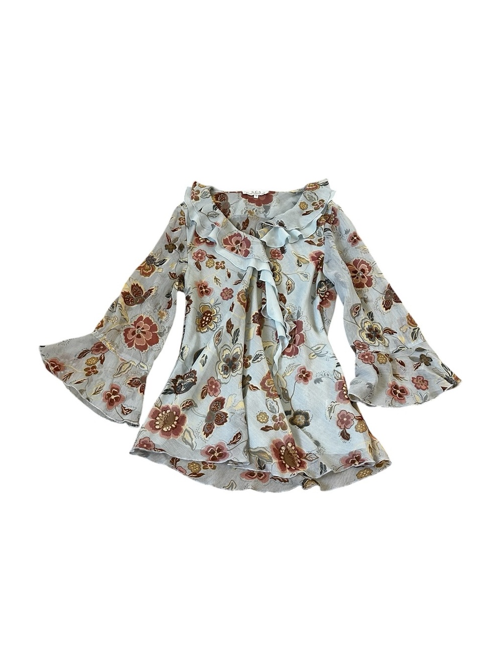 Y2K Light Blue Floral Ruffle Top Bell Sleeves Ethereal Feminine Romantic Boho